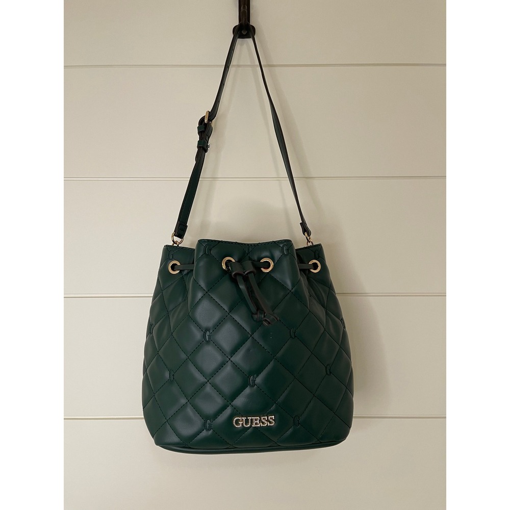 Guess Hunter Green Quilted Faux Leather Bucket Bag BG903430 Drawstring Handbag